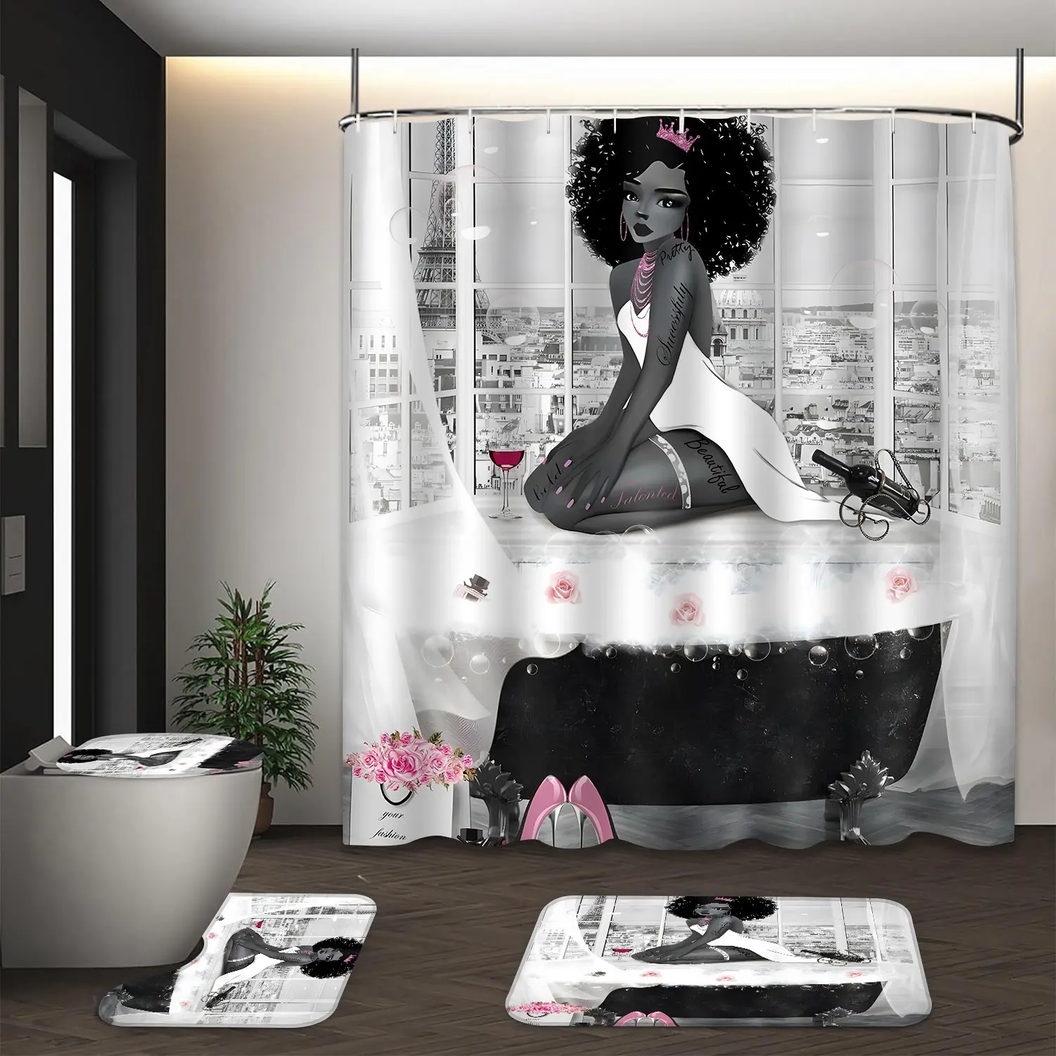 LVRLVR 4Pcs Paris City Black Queen Print Glam Style Black White Pink Tone Bathroom Curtains Shower Set 70.8×70.8 Inch
