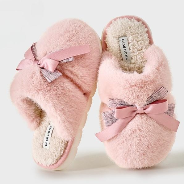Cute Bow Soft Cotton Slippers for Women, Womens Fuzzy Fluffy Cozy Indoor Outdoor House Slippers Winter Indoor Anti-slip Thick-soled Slippers, Autumn and Winter Home-use Cotton Slippers, Warm and Comfortable Home Floor Slippers
