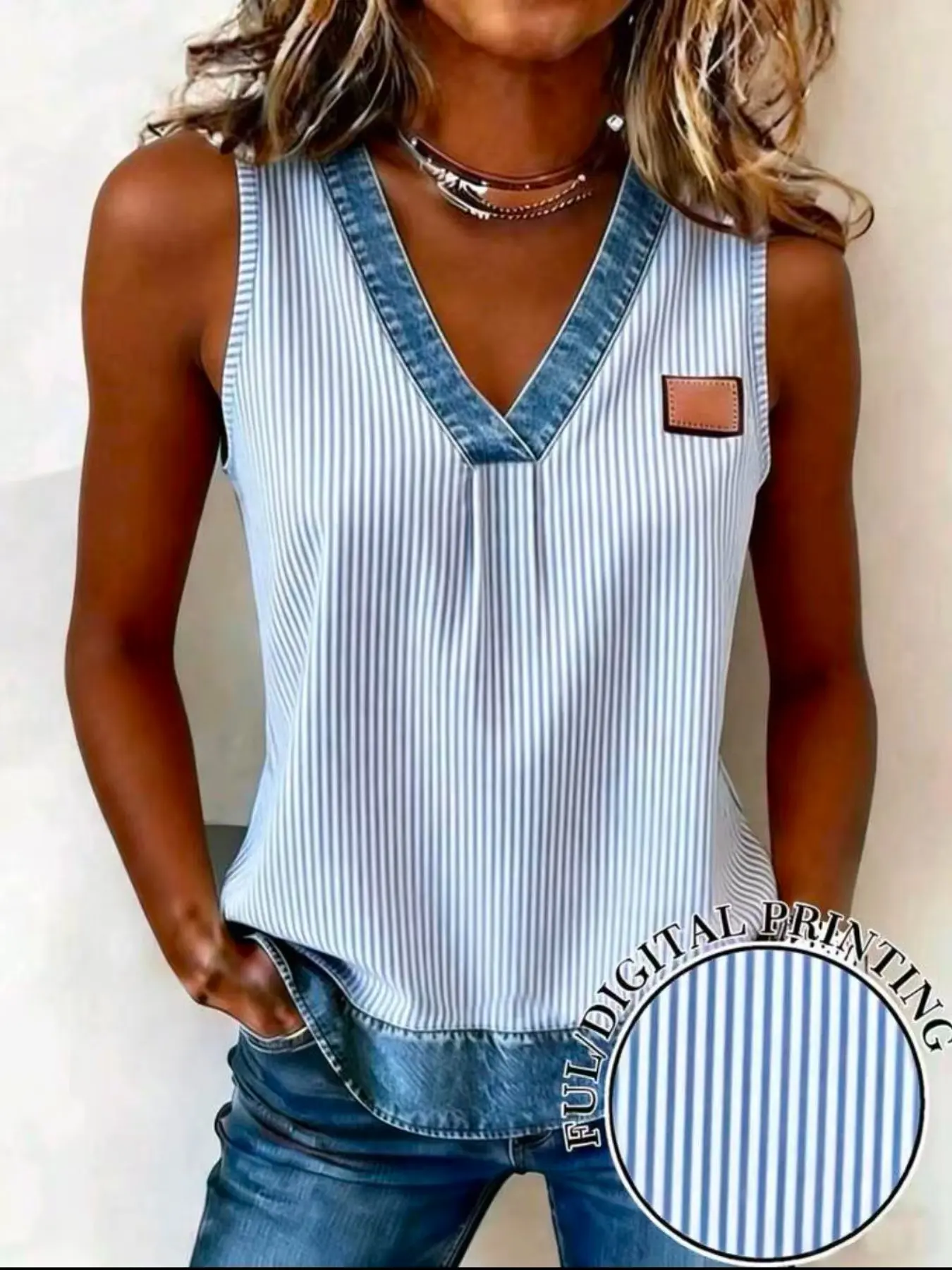 Women's Fashion Plus Size Casual Fake Denim Plaid Print V-Neck Sleeveless Top, Daily Wear Home, Versatile Tank Vest