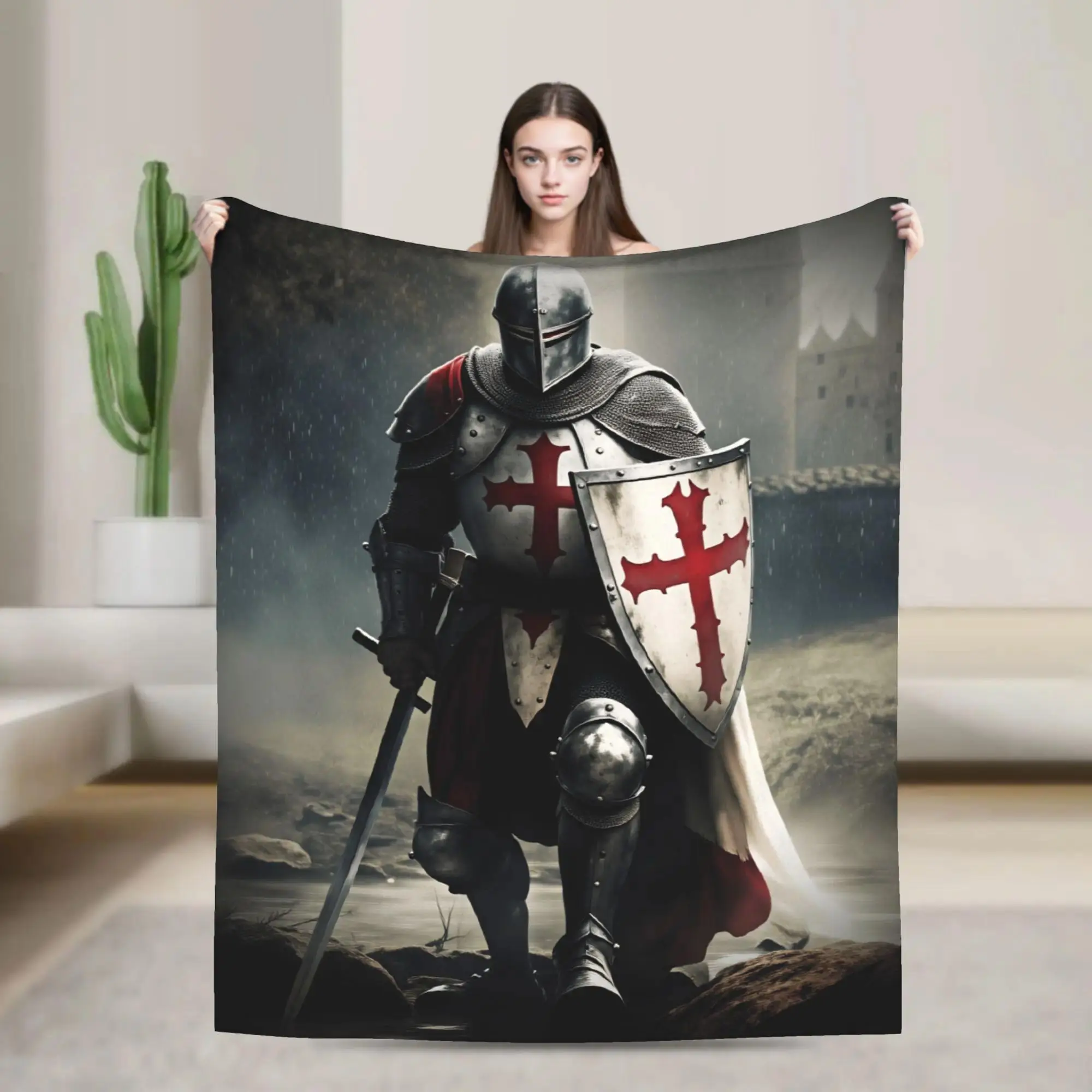 Templar Blood Knight Fantasy Flannel Throw Blanket - Medieval Style, Polyester, Unisex, Multi-Size, Soft Warm Outdoor Camping Hiking Sleeping Gear Gift