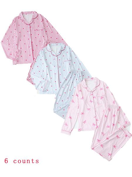 【Valentine Pajamas】Two-Piece Set Women's All Over Bow Print Button Front Shirt & Pants Pyjama, Casual Comfy Long Sleeve Lapel Neck Top & Trousers PJ Set, Women's Sleepwear for Spring & Fall
