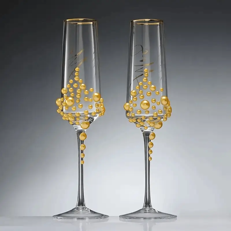 2pcs Pearl Crystal Champagne Glass - Handmade Transparent Glassware, Artisan glassware, with Cursive Script Design, Suitable for Wedding, Engagement, Valentine's Day, and Anniversary Gifts - Ideal for Family Gatherings, Parties, and Spec