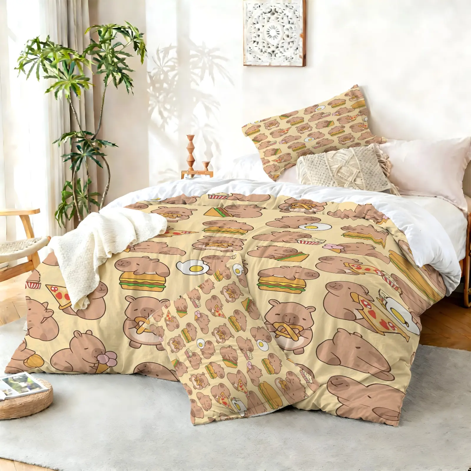 2/3Pcs Cute Cartoon Capybara Food Print Duvet Cover Set, Soft Comforter Cover Bedding Set, No Filler, Clear Vibrant Digital Printing, Skin-Friendly & Wrinkle Resistant, Perfect for Dorm & Apartment Decor, Lovely Daily Gift for Animal and Capybara Lovers