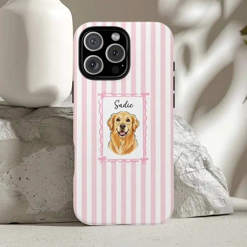 Personalized pet portrait striped tough phone case iPhone 13 14 15 16 17 pro max custom dog accessories cat mama Galaxy cell cover girlcore