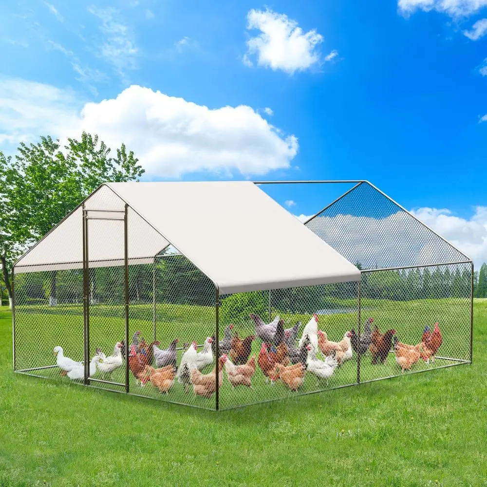 Extra Large Backyard Walk-in Coated Metal Chicken Coop, 9.8' W x 13.1' L x 6.6' H - Heavy-Duty Predator-Proof Poultry Run, Includes Hardware & Easy Setup Guide