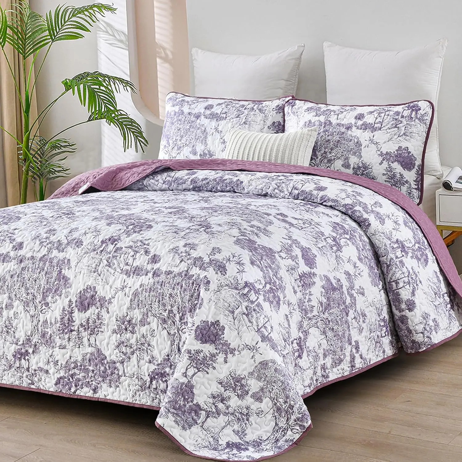 Botanical Set Queen Size, Purple 3 Pieces Floral Plants Printed Bedspread Bedding Set Soft Lightweight Microfiber Coverlet Set for All Season (96""x90""), YS01AC080785AF-A