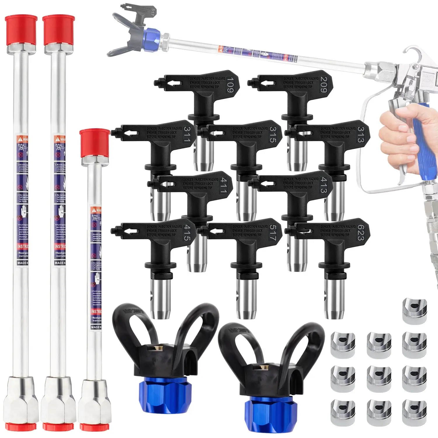 15pcs Airless Paint Tool Set, 10 Reversible Nozzles, 3 Extension Poles, 2 Hand Twist Tips, Spray Equipment Paint Spraying Tool for Latex Paint
