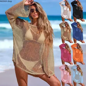 Oversized Long Sleeve Mesh Beach Cover Up Dress, See-Through Hollow Knit Round Neck Tunic Top, Loose Split Hem Design, Perfect for Bikini Layering, Tropical Vacation, Poolside & Seaside Daily Outfit