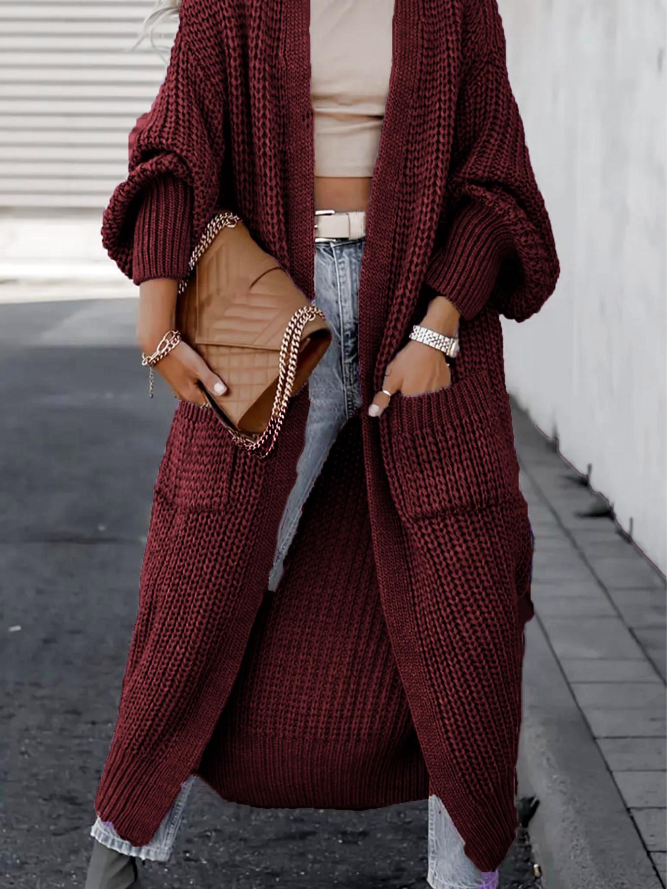 Women's Solid Drop Shoulder Long Cardigan, Womenswear Casual Long Sleeve Cardigan with Pockets, Ladies Knitwear for Spring & Fall Daily Wear, Sweaters for Women