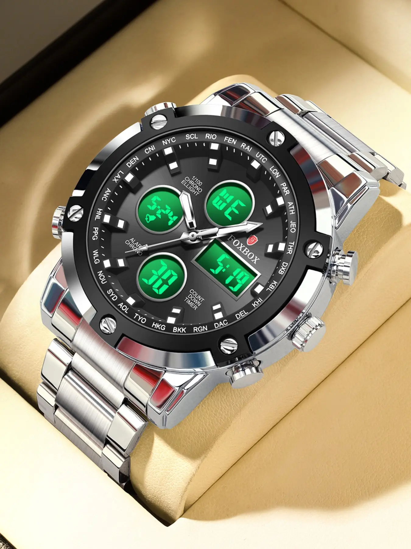 Foxbox Stainless Steel World Time Dual Display Watch, Waterproof Night Glow, Multiple Colors Available, Gift Box Packaging, Perfect Gift