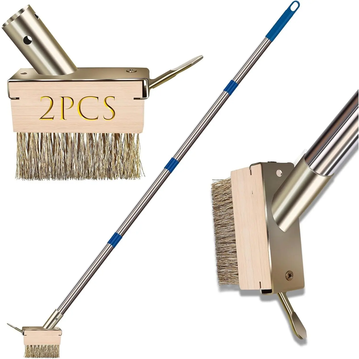 Moss Remover Brush Tool with 65in Handle for Concrete Pavers Crevice | 2 count Wire Grout Brush , Detachable Long Handle, Crack Weeder Puller for Outdoor Deck Patios Walkways Roof Moss Removal