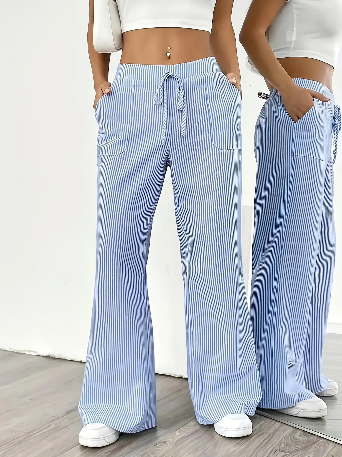 Women's Blue Striped Linen-Blend Wide Leg Pants, Casual Summer Style, Drawstring Adjustable Waist, Side Pockets, Breathable & Lightweight, Bottom