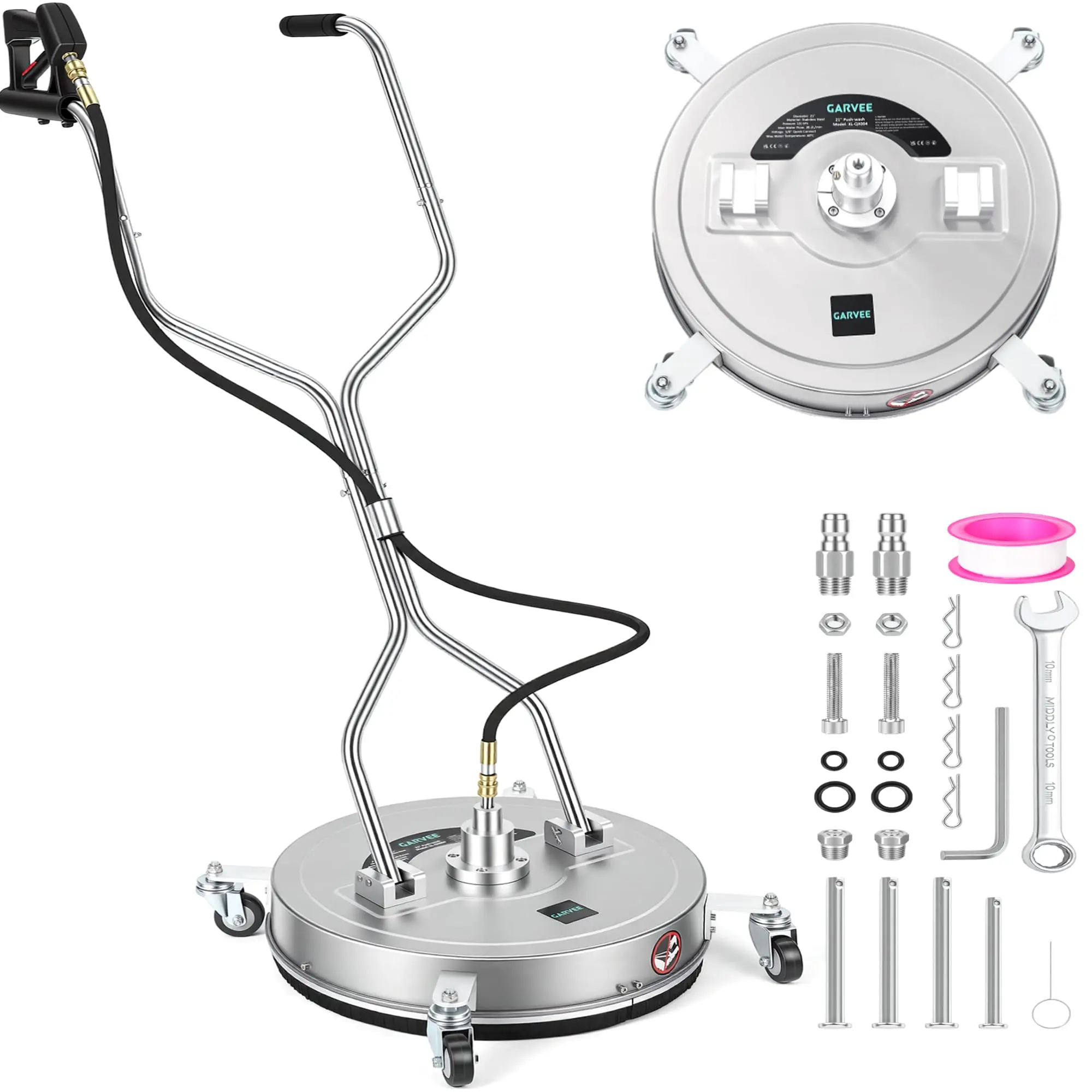 Heavy Duty 21" Stainless Steel Pressure Washer Surface Cleaner – Dual Handles & 4 Wheels – Ideal for Driveways, Patios, Decks, Sidewalks – Includes Replacement Nozzles & Hose Adapters