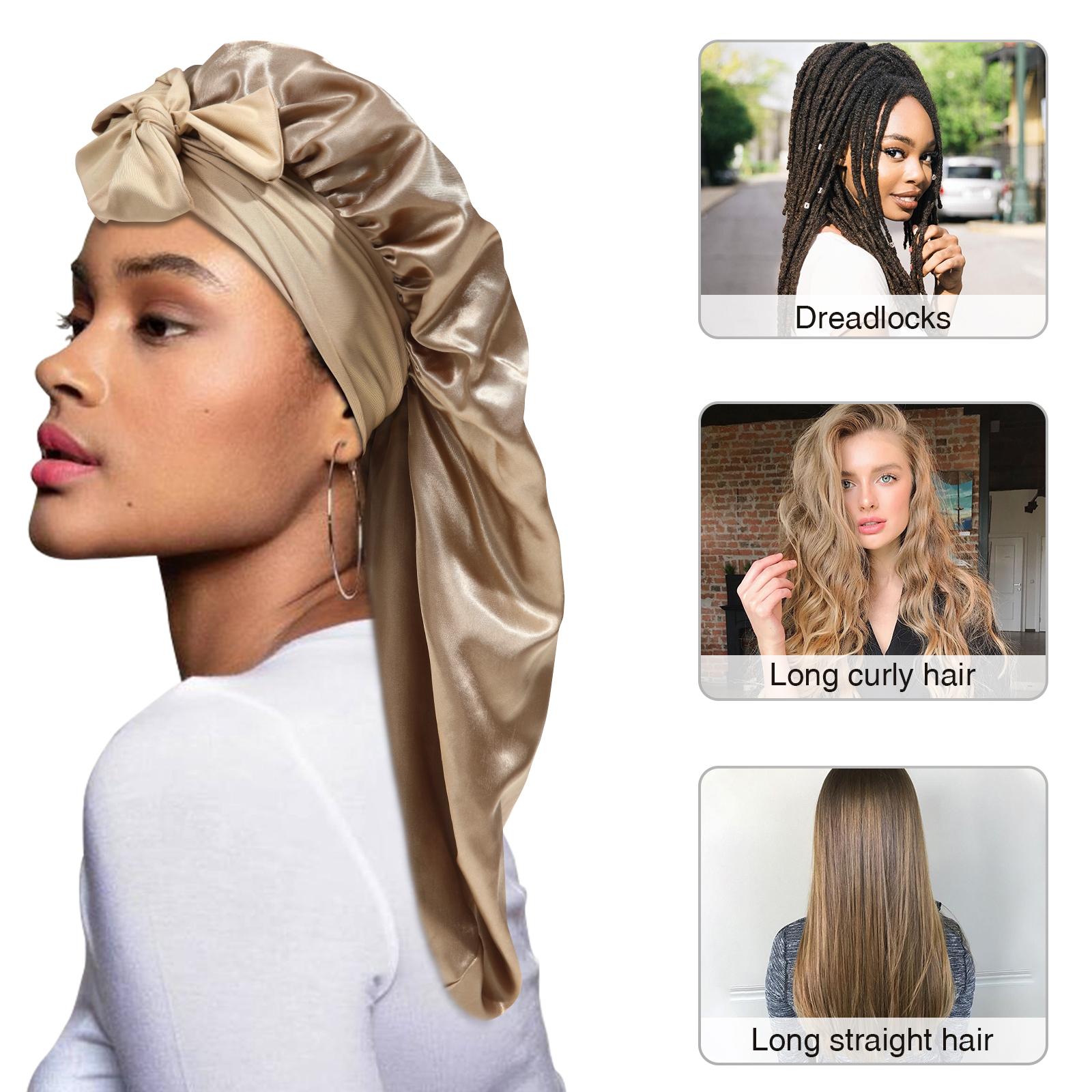AWAYTR Long Satin Bonnet for Women Double Layer Elastic Silk Bonnet for Braids Hair Sleeping Cap with Tie Band AWAYTR Long Satin Bonnet for Women Double Layer Elastic Silk Bonnet for Braids Hair Sleeping Cap with Tie Band