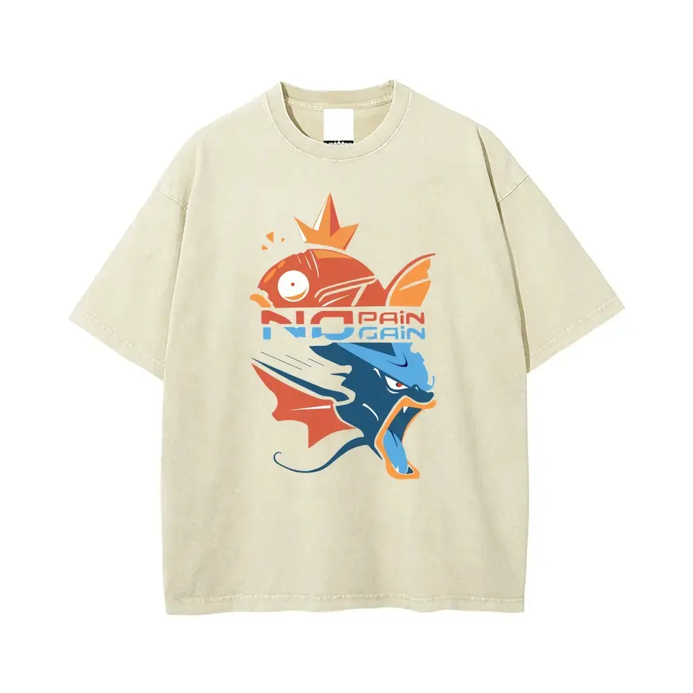 Pocket Monsters Magikarp Gyarados Evolution Graphic Tee - Menswear Baggy Round Neck Shortsleeve Retro Distressed Washed Unisex Casual Oversized Stretch Anime Streetwear Summer Father’s Day Gift Top, Crew Neck