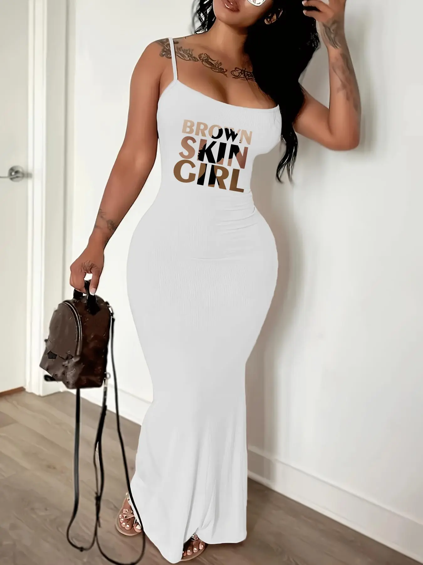 8058-B168h New Women's Sleeveless Long Dress with Thin Straps, Elastic Waist, Casual Style, Geometric, Slim-Fitting, All Seasons