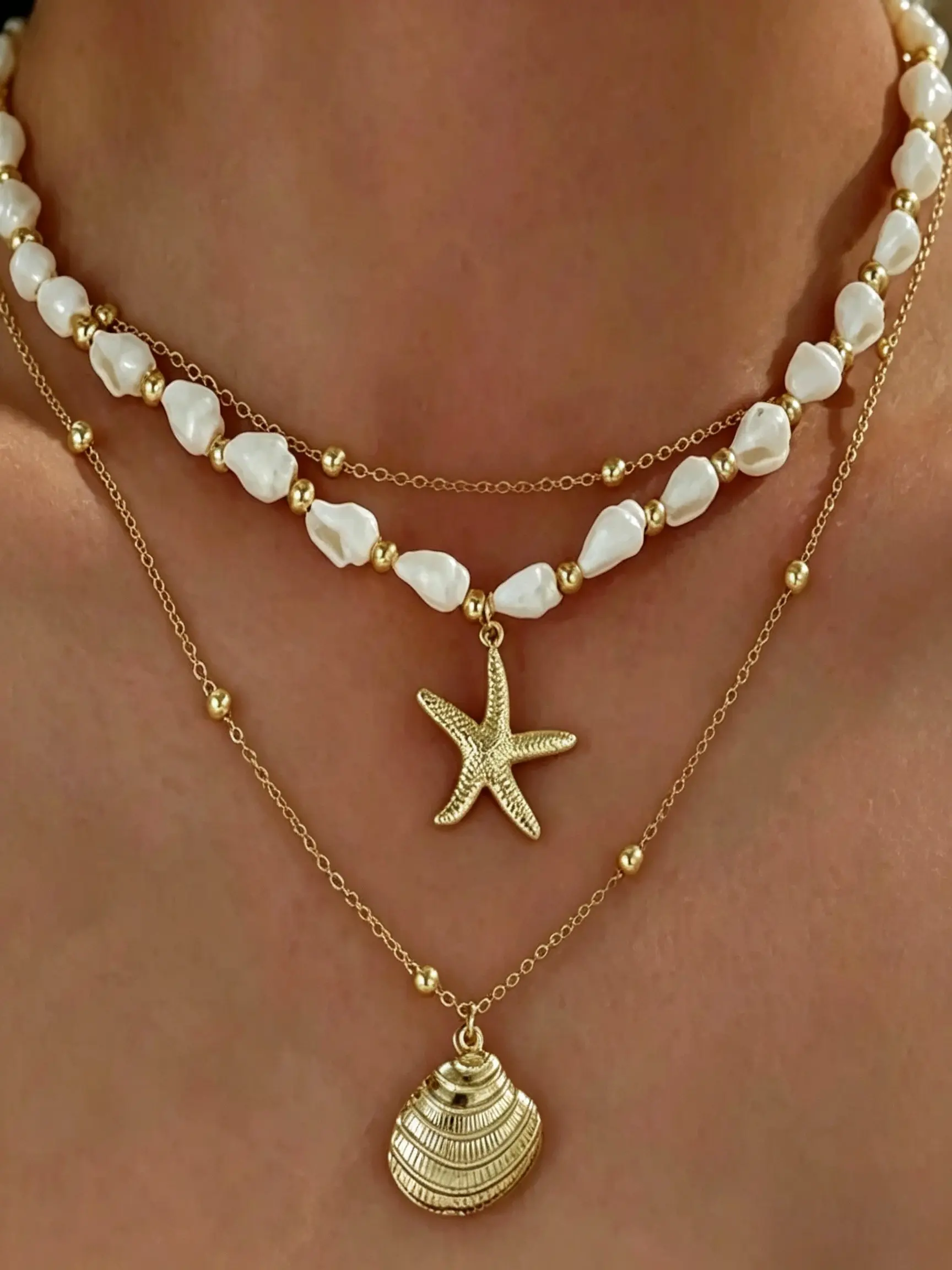 Starfish Shell Layered Stacking Necklace, 1Set Gold Alloy With Faux Shell & Conch Beads, Anti-Oxidation & Fade Resistant, Fresh Bohemian Vibe, For Beach Trip Daily Outfit, Halloween Gift, Boho Style, Women Neck Jewelry