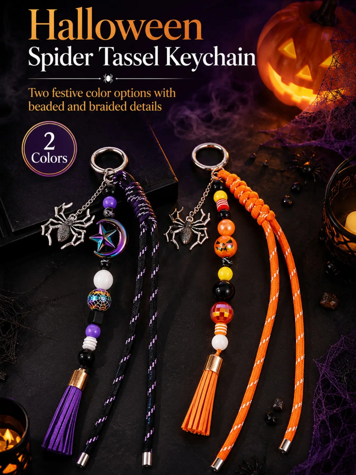 Spooky Halloween Spider Beaded Keychain Wrist Lanyard, Keychain For Bags, Witchy Moon‑Star Tassel Key Charm, 2‑Color Purple‑Black Gothic Wrist Strap, Alt Aesthetic Bag Accessory, Perfect Spooky Gift & Halloween Party Favor for Gothic Style Lovers