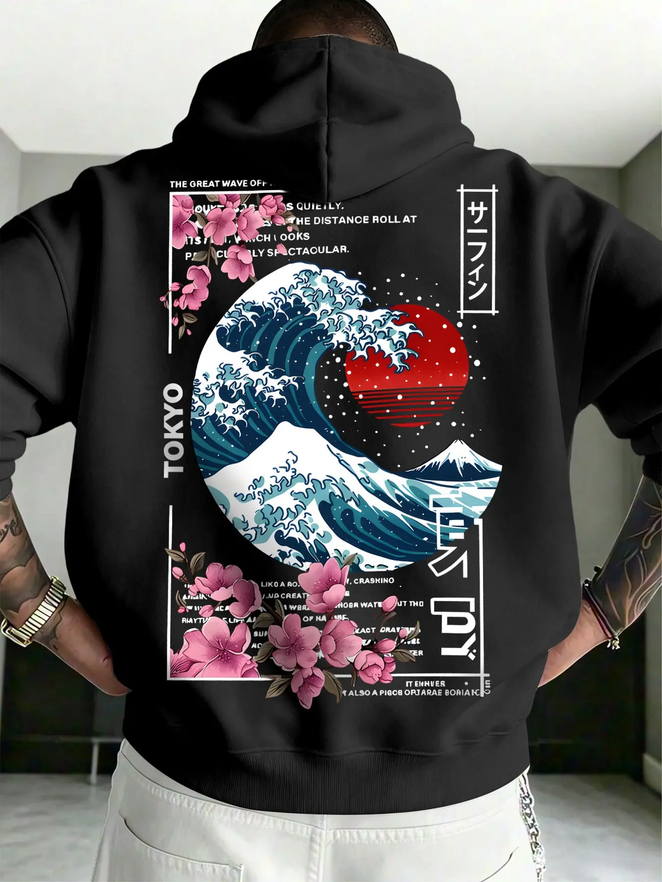 Japanese Fuji Mountain Cherry Blossom Back Print Hoodie, Graphic Print Hoodie, Casual Streetwear Hoodie, Loose Fit, Breathable Daily Top, Vintage Street Style, Soft Men's Tokyo Print Sweatshirt