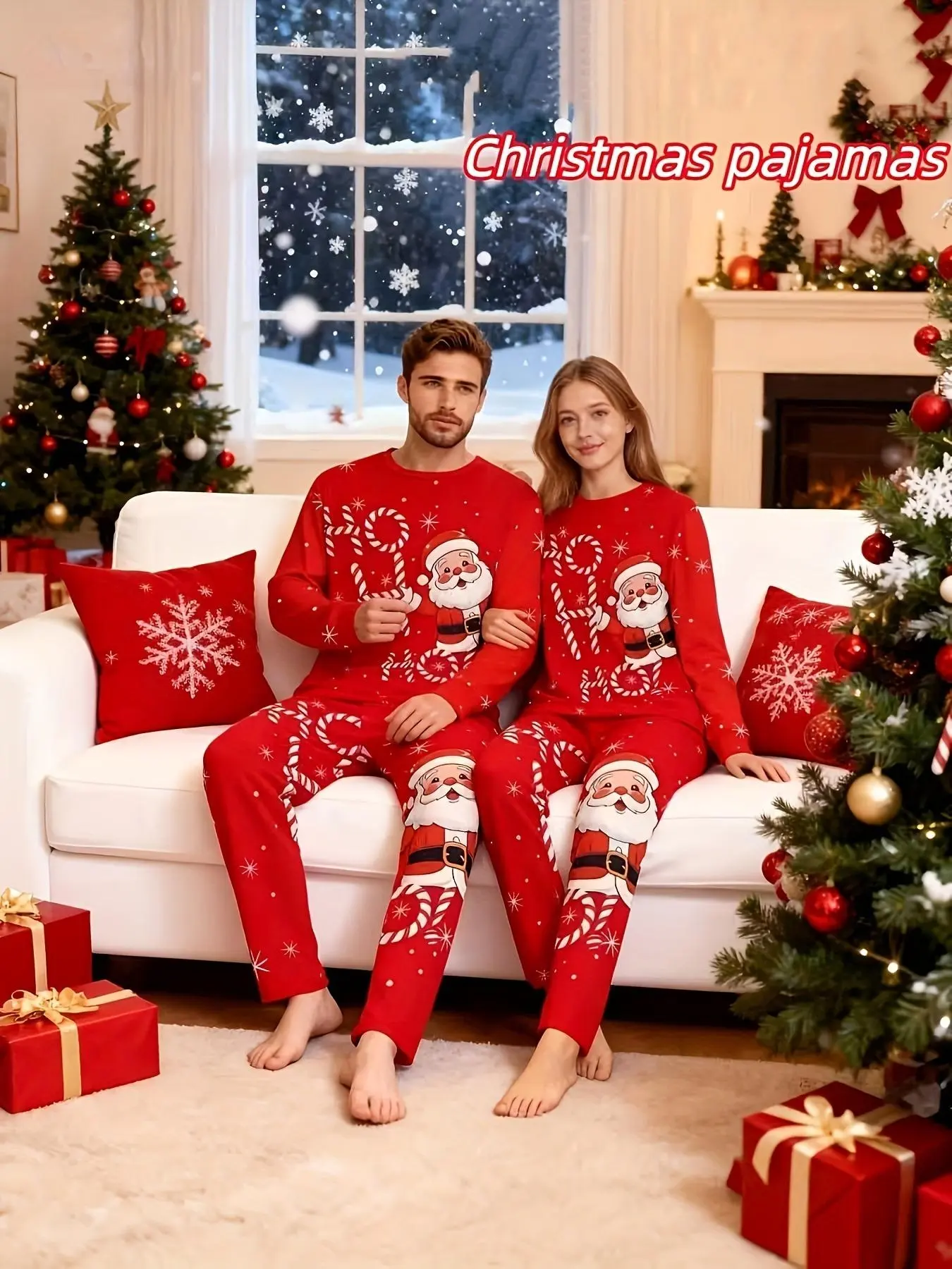 Red Santa Candy Cane Print Couple Long Sleeve Christmas Loungewear Set