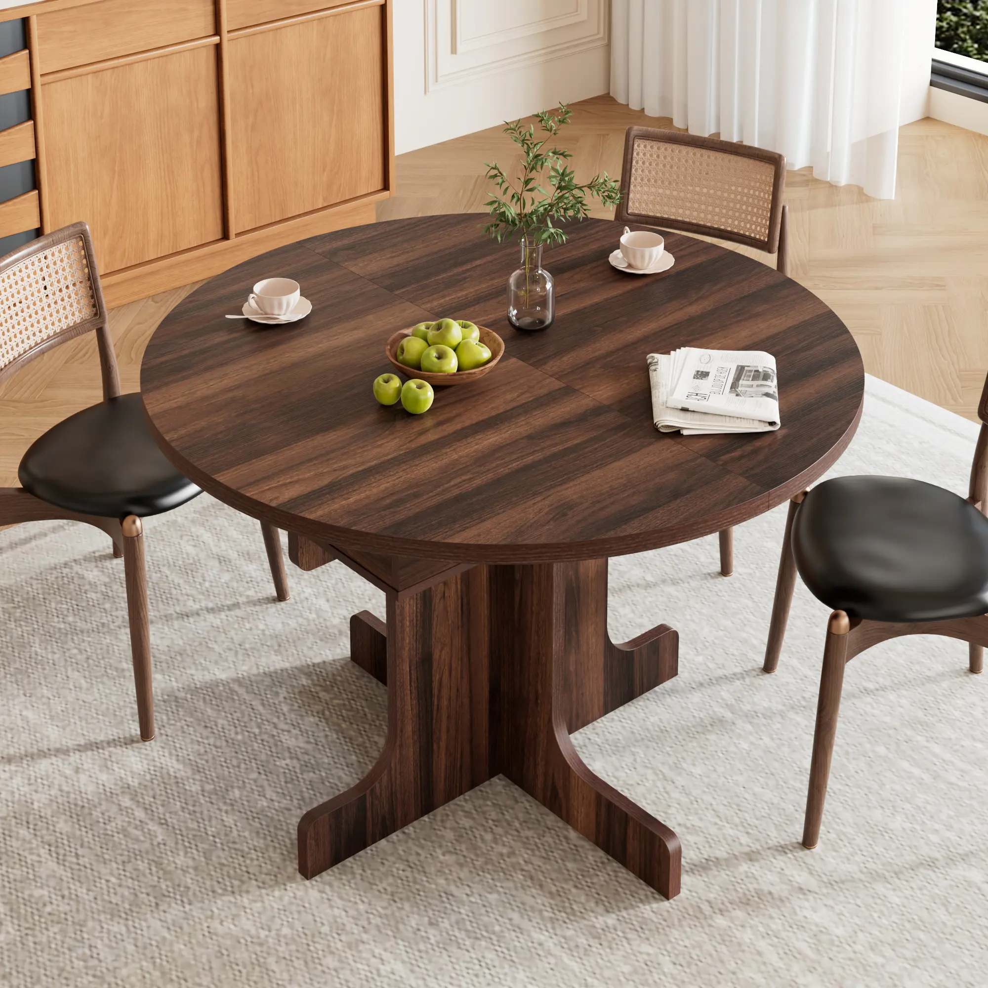 Modern Black Wooden Extendable Round/Oval Dining Table - 4-8 Seats, Multi-Size, Pedestal Base, with Hidden Storage
