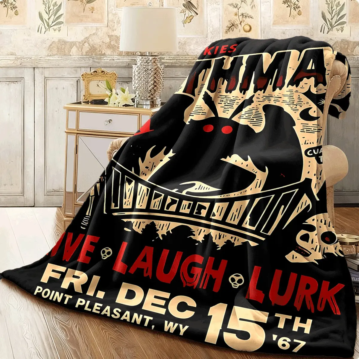 1pc Mothman Motif Flannel Cotton Blanket - Cozy Sofa Throw with Live Laugh Lurk Design, Skeleton Skulls Full Print, Spooky Horror Style, 1-Piece Warm Indoor Fabric, Indoor Use