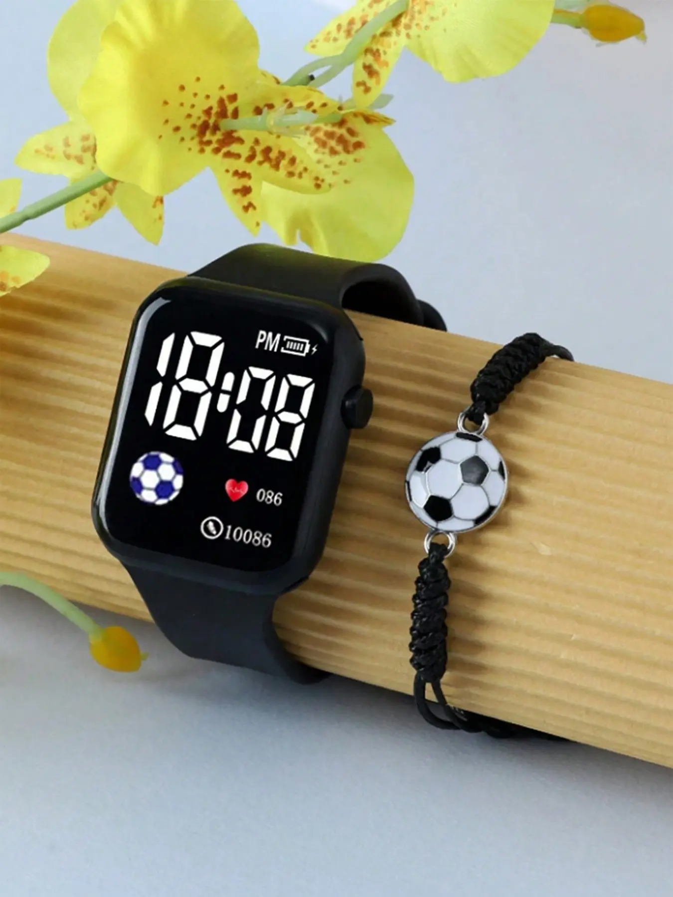 2 Piece Set Men's Sports LED Digital Football Cartoon Watch & Adjustable Bracelet, Daily Wear, Running, Travel, Fashionable Design, Sporty Digital Watch