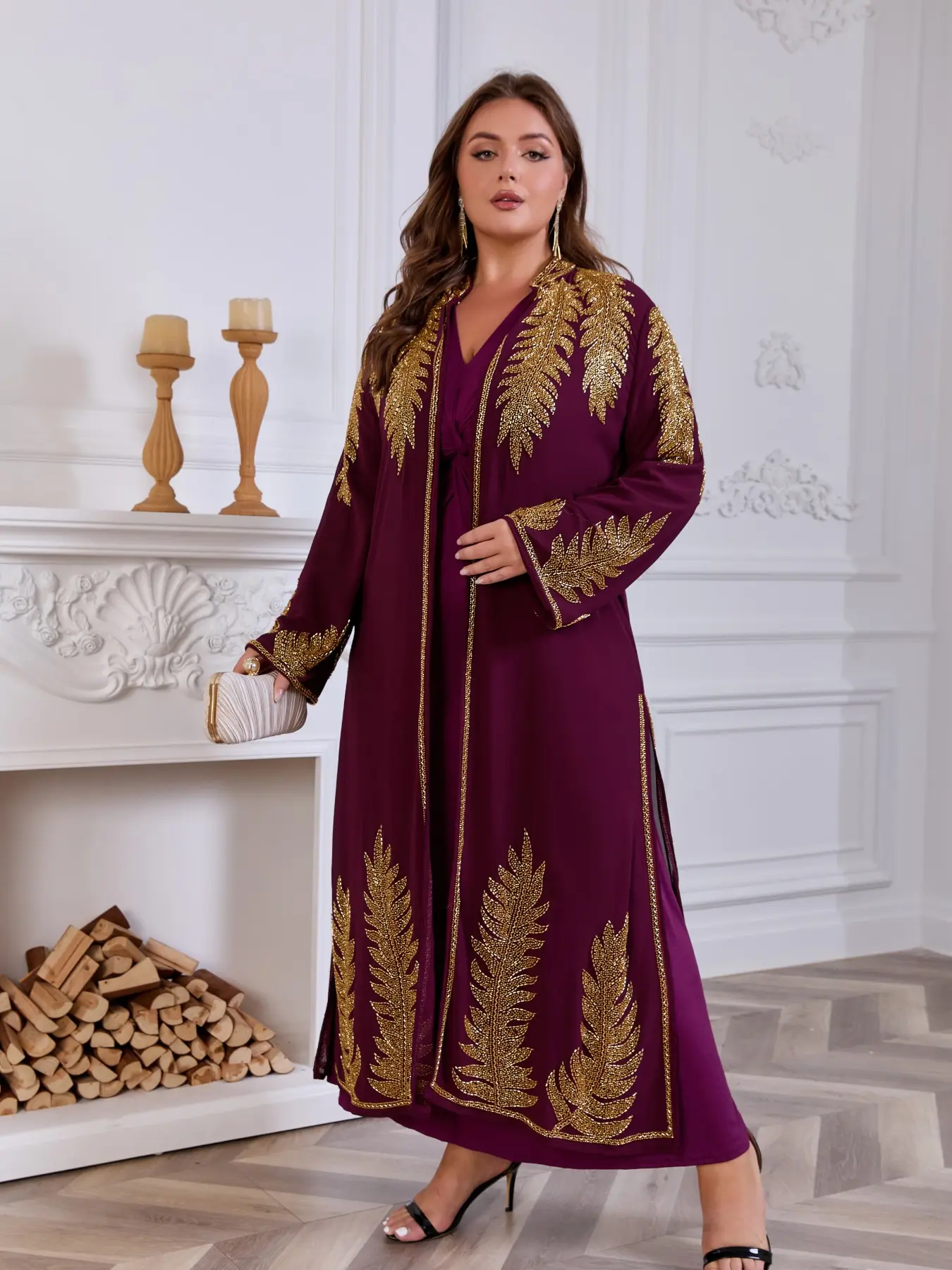 Women Plus Size Open Abaya Cardigan, Gold Leaf Sequin Embroidery Long Maxi Outer Robe, Only Outerwear 0XL‑4XL CXD29