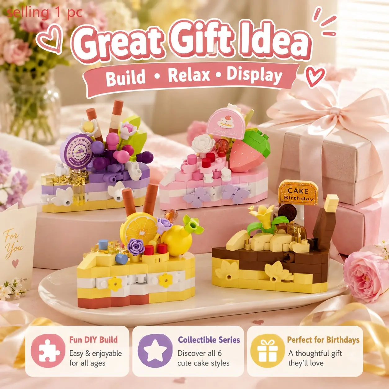 1pc Cute Cake Building Blocks Toy - Kawaii Dessert Style Micro Brick Set, Collectible Construction Set, Strawberry Lemon Designs, Fun DIY Build, Tiny Display Decor, Creative Gift for Girls Friends DIY Lovers, Room Desk Ornament, Hobby Kit, Home Accent