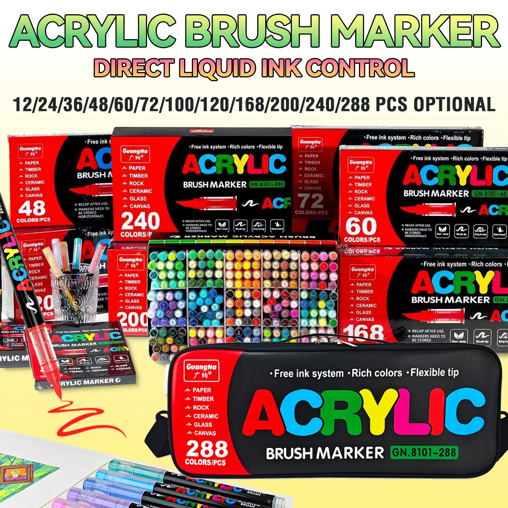 Guangna Acrylic Marker Pens, 12-288 Colors, Soft Tip Automatic Ink System, Ideal for Art, DIY Crafts, Canvas, Wood, Glass, Fabric, Back-To-School Season