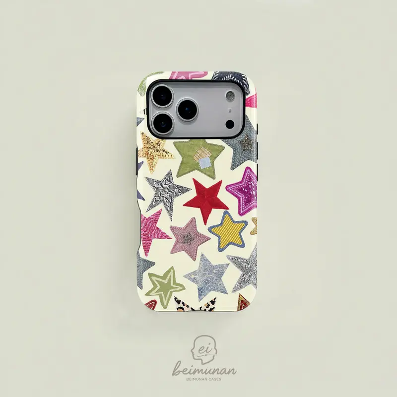 Yellow bohemian style trendy star and sequin patchwork phone case, sturdy and durable 2 in 1 protective case, MagSafe compatible, suitable for iPhone18/ 17/16/15/14/13/12/11 Pro Max/Plus/Pro, simple and stylish phone case, perfect for holiday gifts.