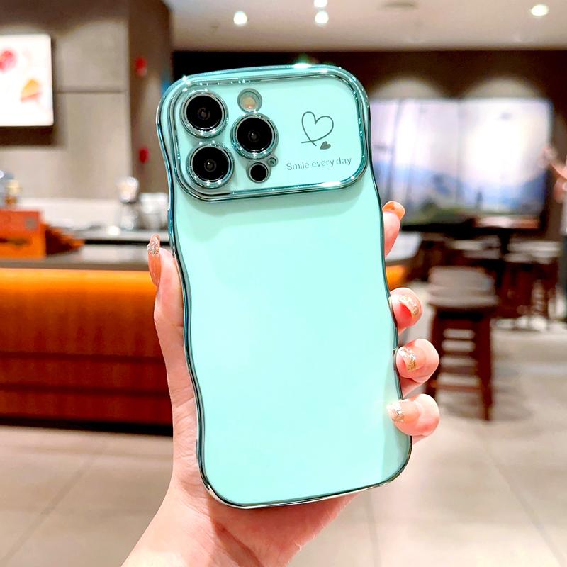 OREKROY [FreeShip] Cute Wave Shape with Love Heart Raised Camera Protection Phone case For iPhone 16 15 14 13 1211 Pro Max Accessories Durable Silicone Shiny Silicone Shiny Wavy