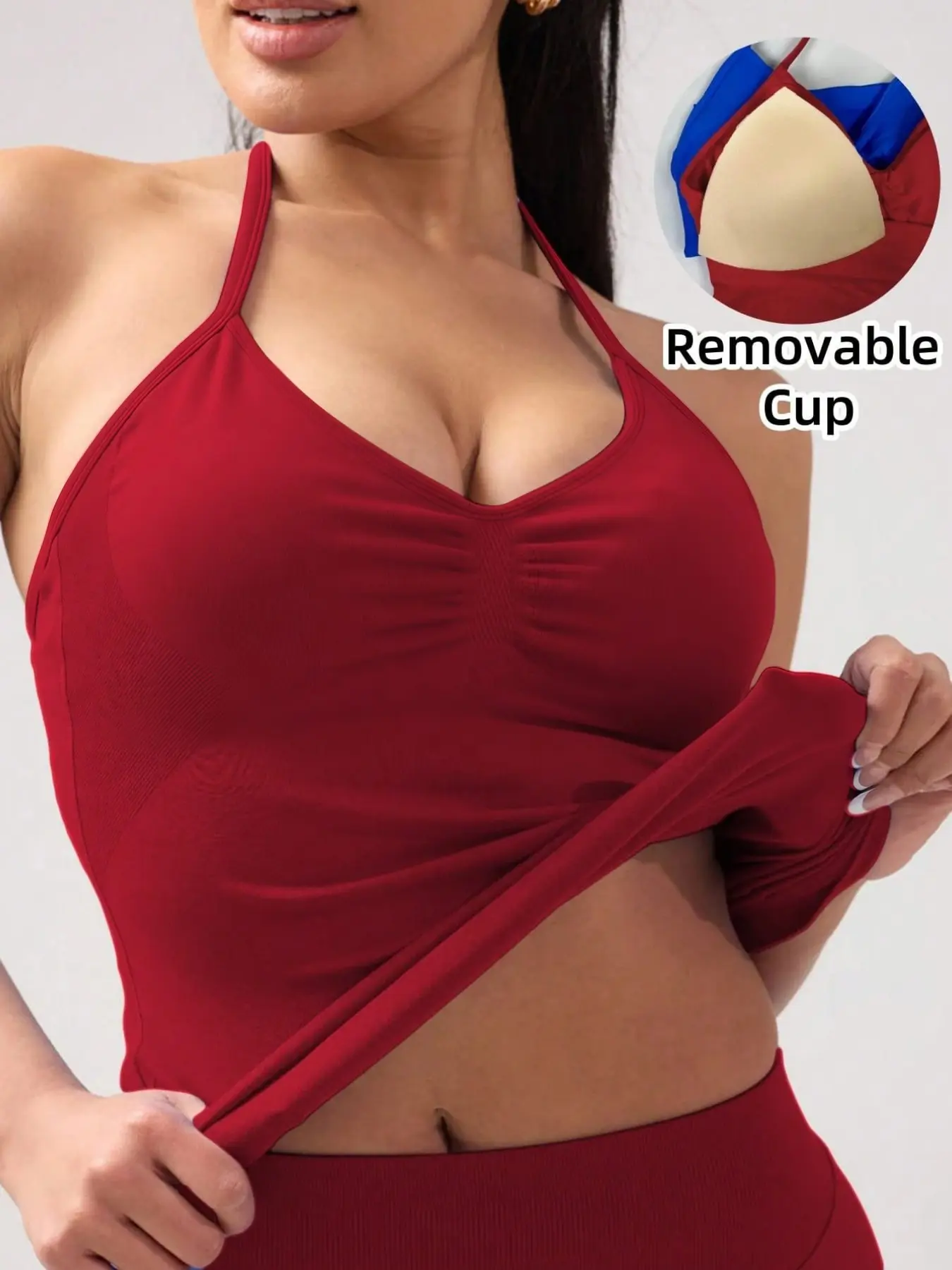 Women's Halter Neck V-Neck Workout Top, Padded Support Straps, Stretchy Fabric, Ideal for Yoga, Gym, Daily Wear, All Seasons Activewear, Compression Tops