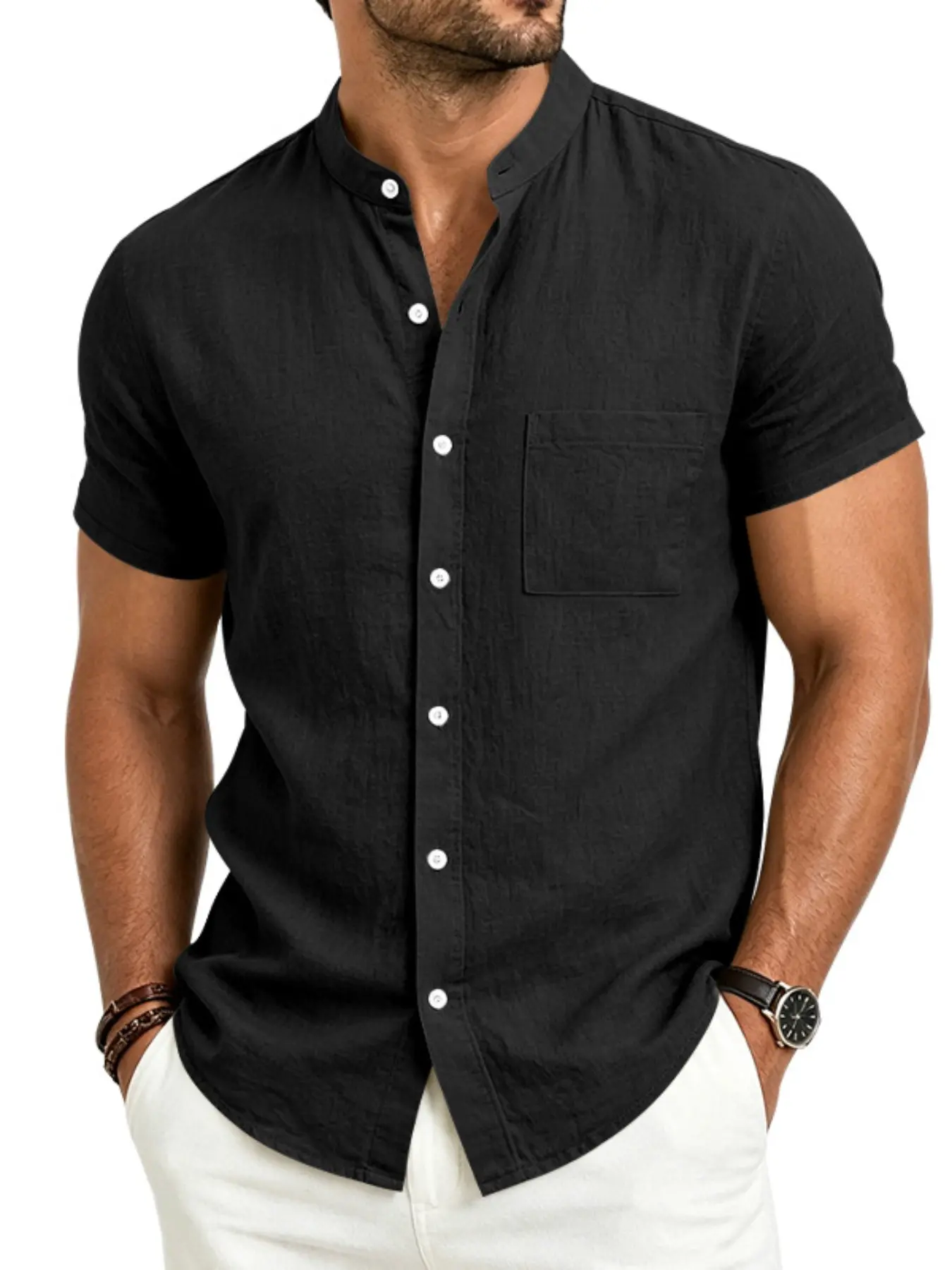 Men's Summer Linen Hawaiian Plain Shirt, Casual Retro Stand Collar Short Sleeve, European and American Style, Comfortable and Stylish