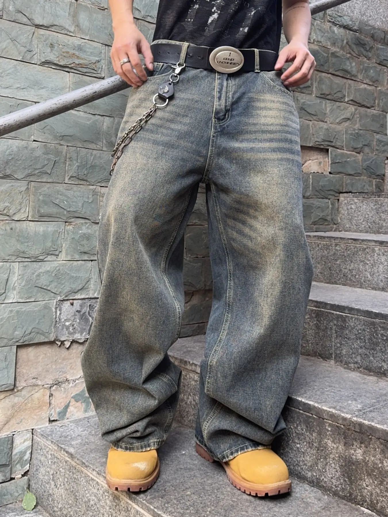 Men's Loose-Fit Casual Jeans, Trendy Streetwear Distressed Blue Wide-Leg Jeans, Y2K Retro Style, Comfortable Daily Wear, Multiple Sizes Available