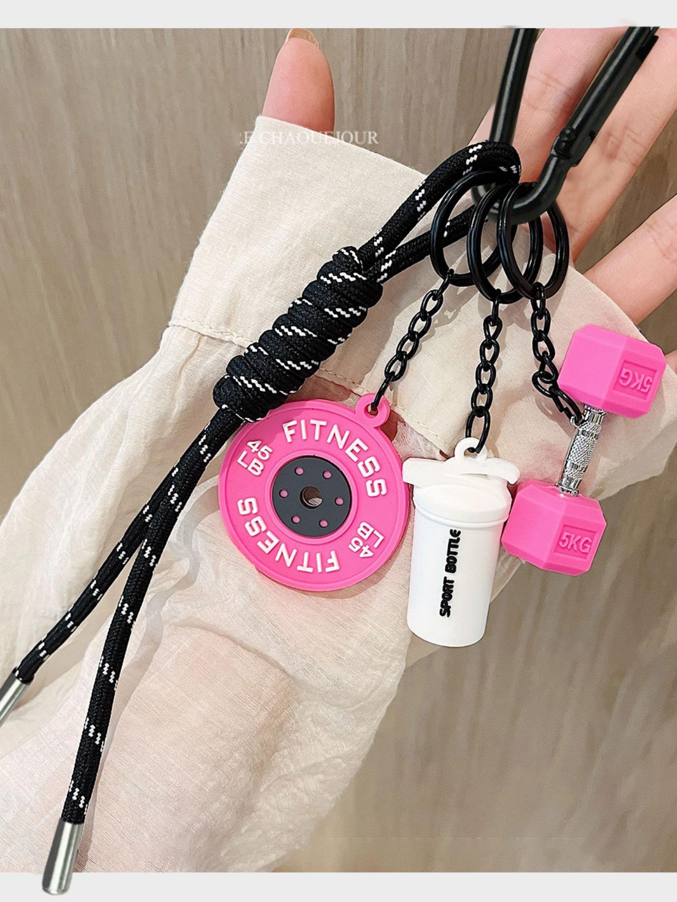 Fitness Gym Keychain, Barbell & Dumbbell Pendant Lanyard Keyring with Woven White and Pink Rope, Bag/Purse Charm and Weightlifting Themed Jewelry Accessory