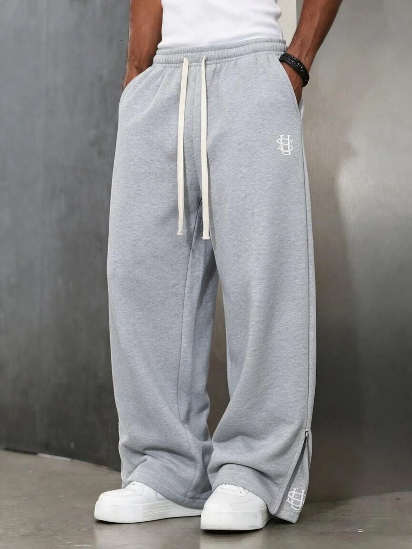 Draping Wide Leg Flared Sweatpants, Zipper Split Hem, Embroidered High Street Casual Pants, Loose-Fitting, All Seasons