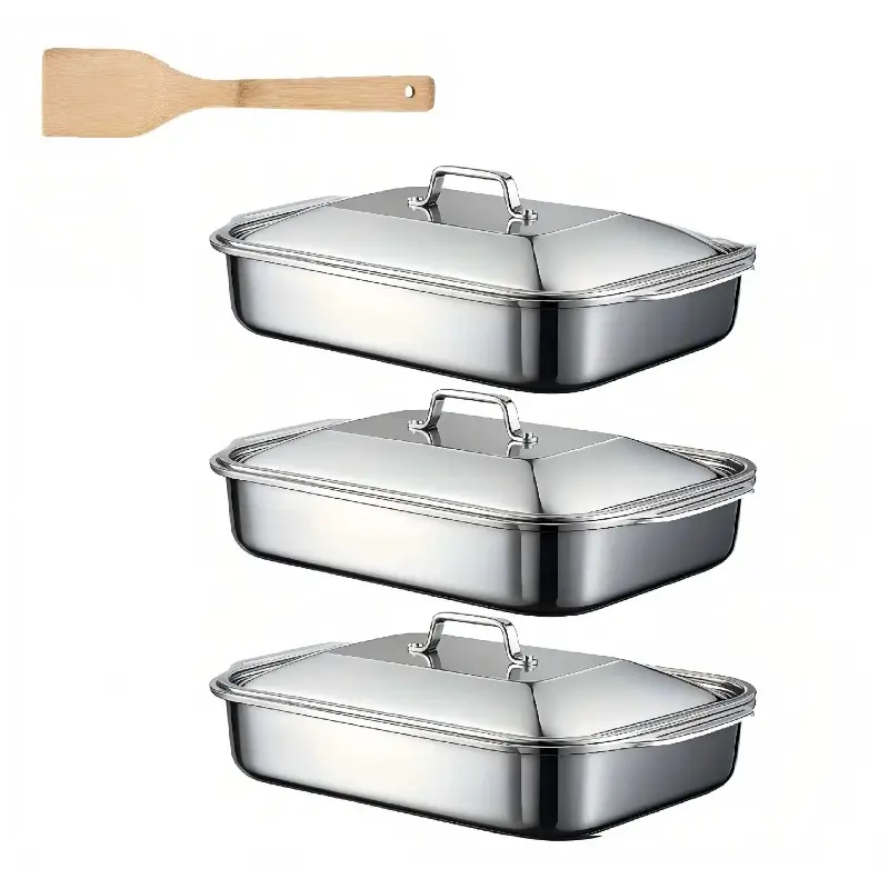 3-Piece High Quality Rectangular Oven Trays Bakeware Tray Set - Heavy-Duty, Corrosion-Resistant, Non-Toxic, Sturdy Handles, Lids, Dishwasher-Safe, Heat-Stable, Food-Safe Multipurpose Bakeware Kit for Cooking Casseroles Baking Supplies (Kitchen Essentials)