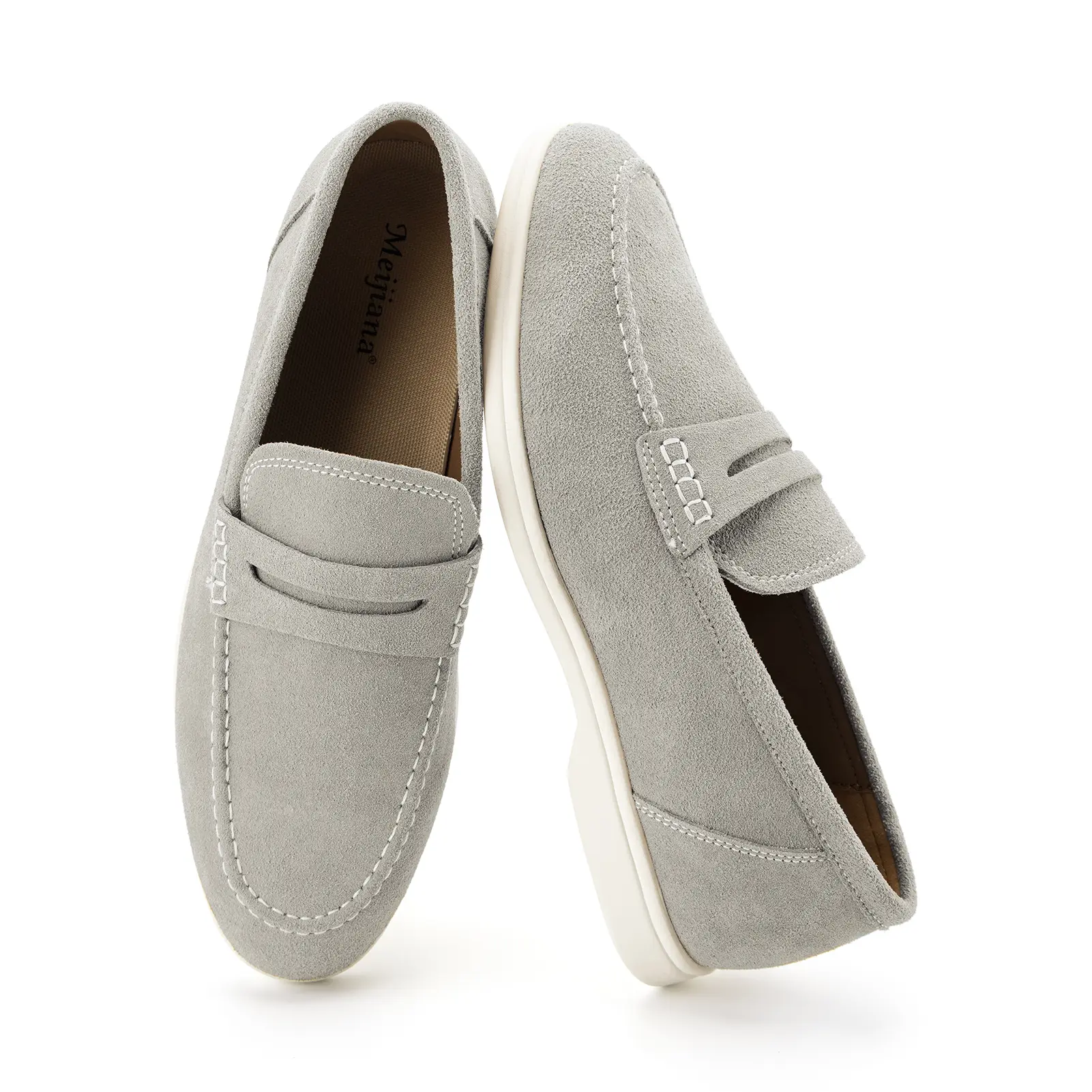 Meijiana Men's Genuine Leather Loafers Slip-On Moccasins Suede Dress Shoes, Lightweight and Breathable with Rubber Sole Stylish Mens Loafers White 13 US