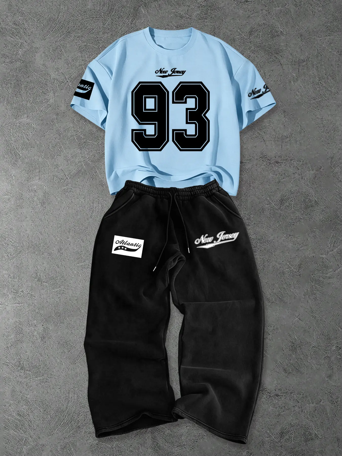 Summer Fashion Men's Two-Piece Set, Number and Word Print, Short Sleeve T-Shirt and Loose Fit Drawstring Waist Pants, Casual Wear, Clothes, Trouser
