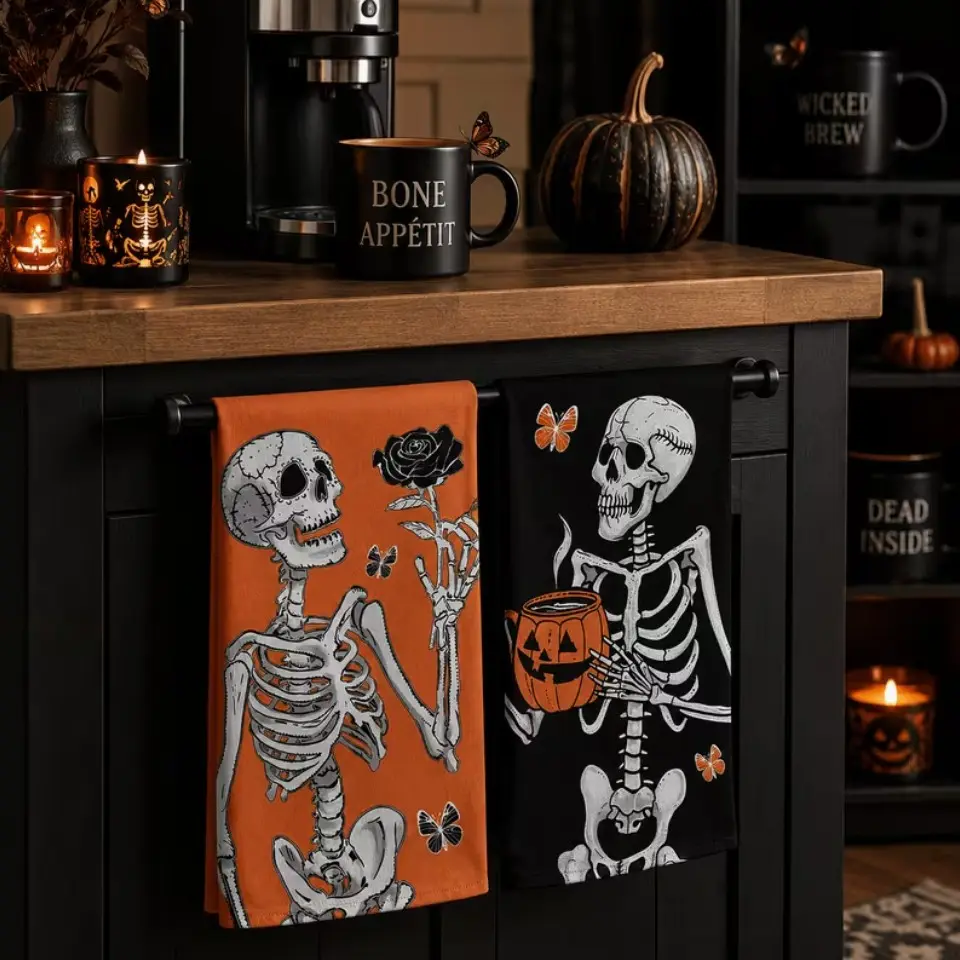 2PCS Halloween Gothic Skull Kitchen Towels, Cute Orange & Black Jack-o'-Lantern Design, Soft & Absorbent Dish Towels, Perfect for Cooking, Baking, Farmhouse Kitchen Decor & Halloween Gifts，halloween decoration
