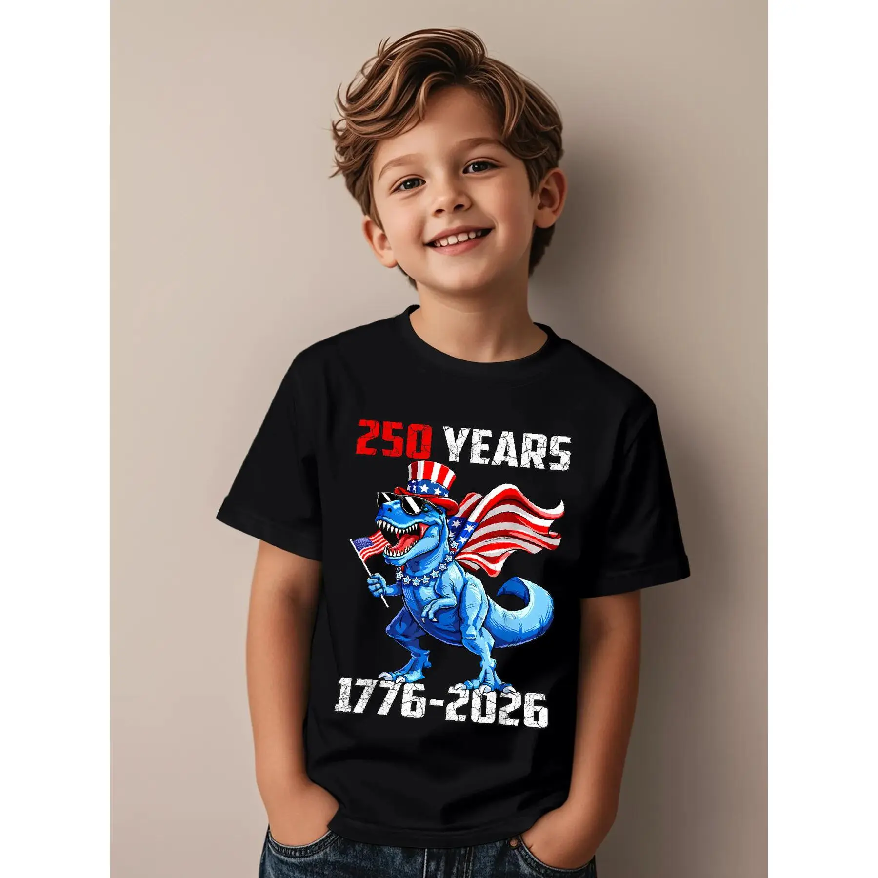 Dinosaur T Rex 250 Years 1776 2026 America Flag Boys Funny Awesome Graphic Kid T-Shirt Cute Kid T Shirts Street Style Tops Tees for Kid