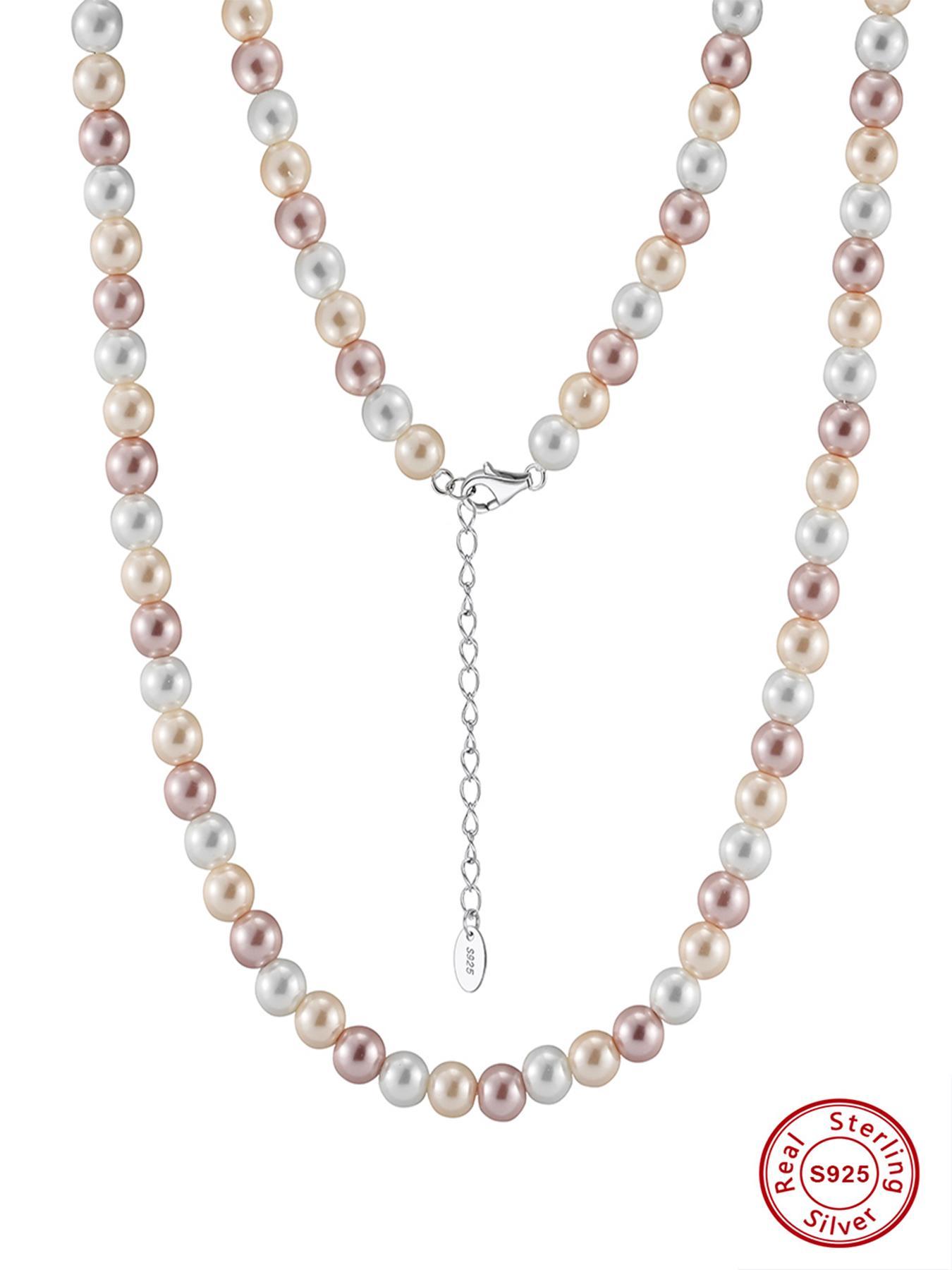 Vintage Mixed Color Shell Pearl Decorated Necklace with 925 Sterling Silver Chain, Fashion Jewelry Accessories for Women As Gift