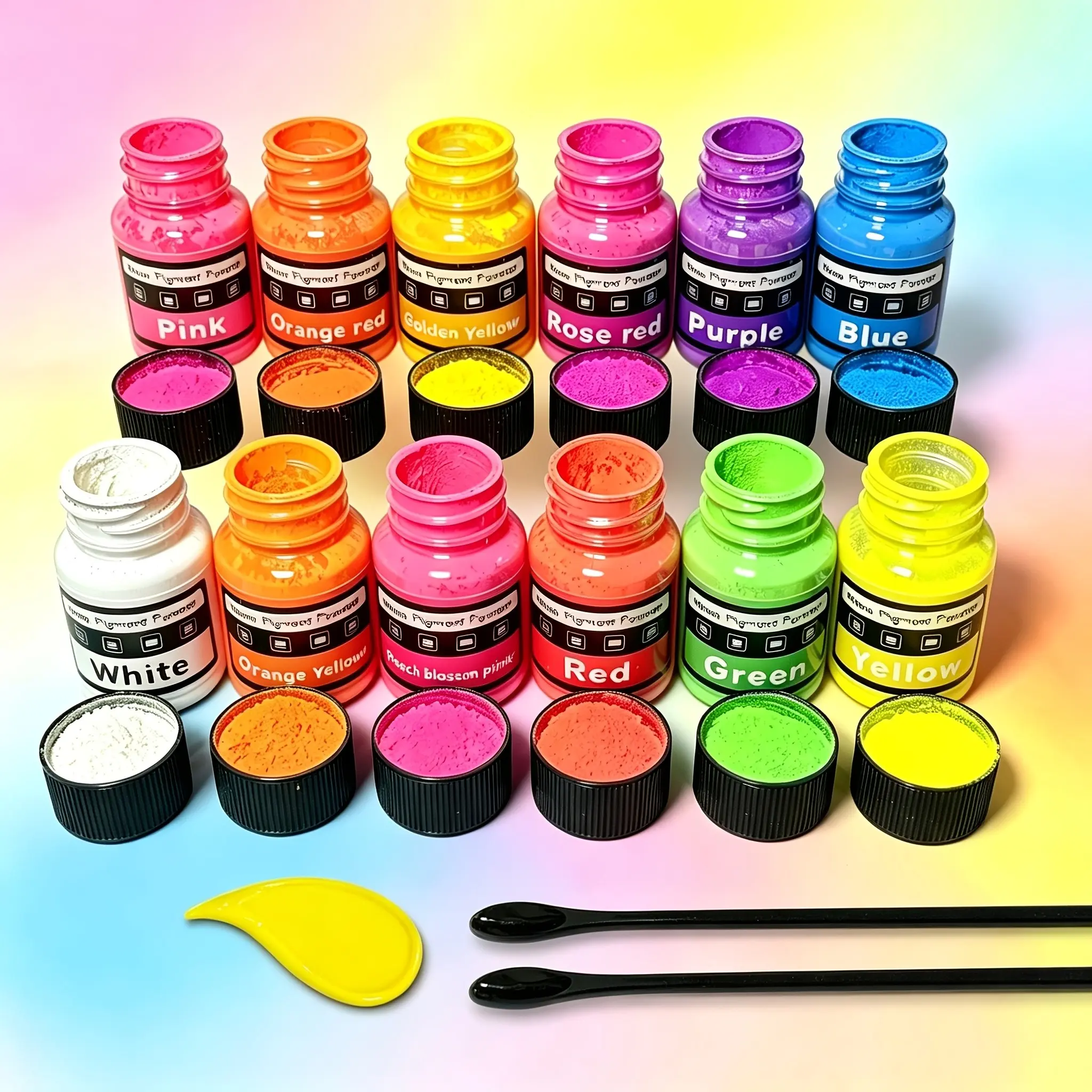 Neon Pigment Powder, 12 Colors 20ML, Vibrant Fluorescent Epoxy Resin Dye, Non-Toxic for DIY Crafts, Includes Bottle Opener & Spoons