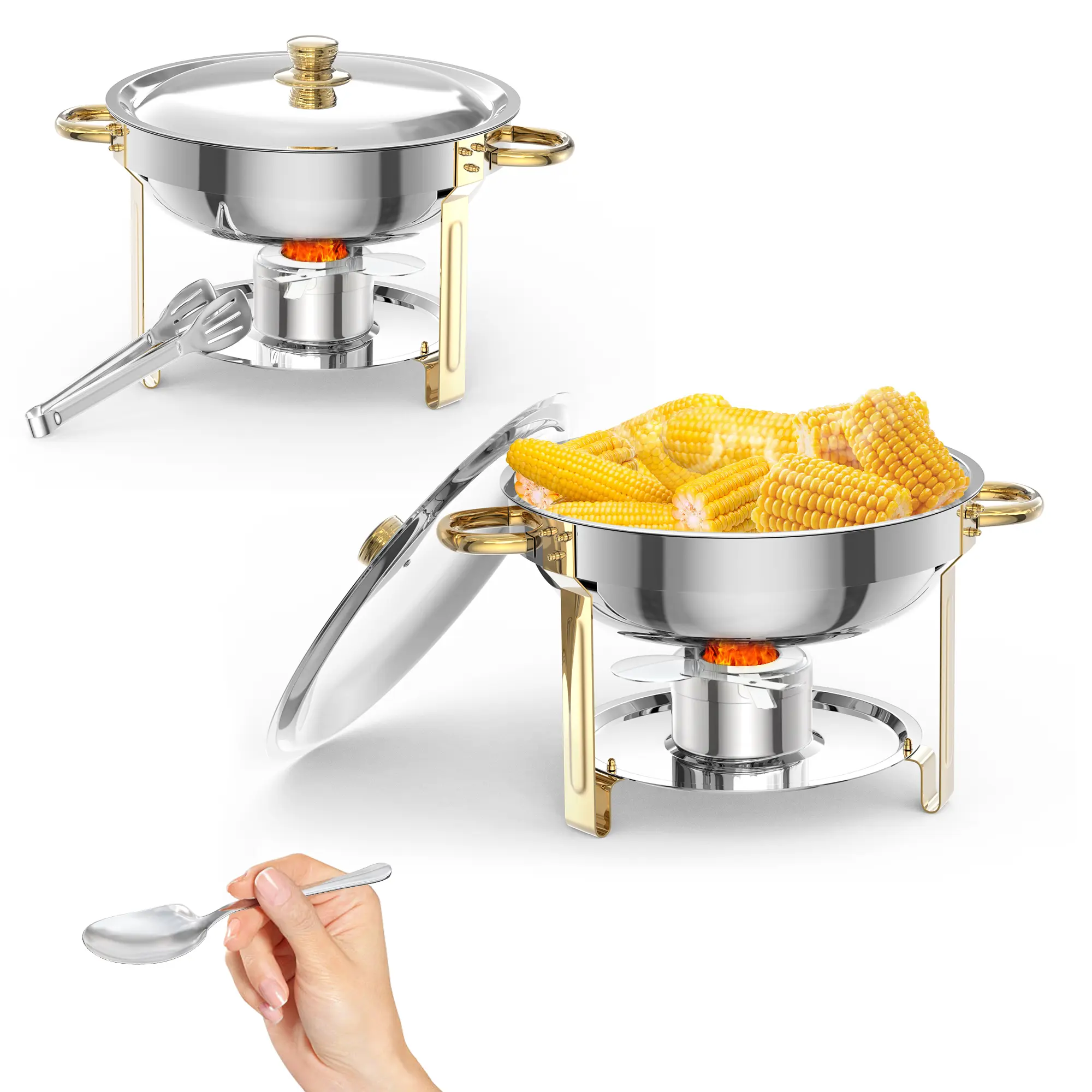 Sturdy Metallic Kitchen 5QT Round Stainless Steel Chafing Dish Buffet Set - Stackable Complete Server & Warmer with Lid, Holder, Spoon, Tweezers - 2/4/6 Pack Options for Catering, Weddings