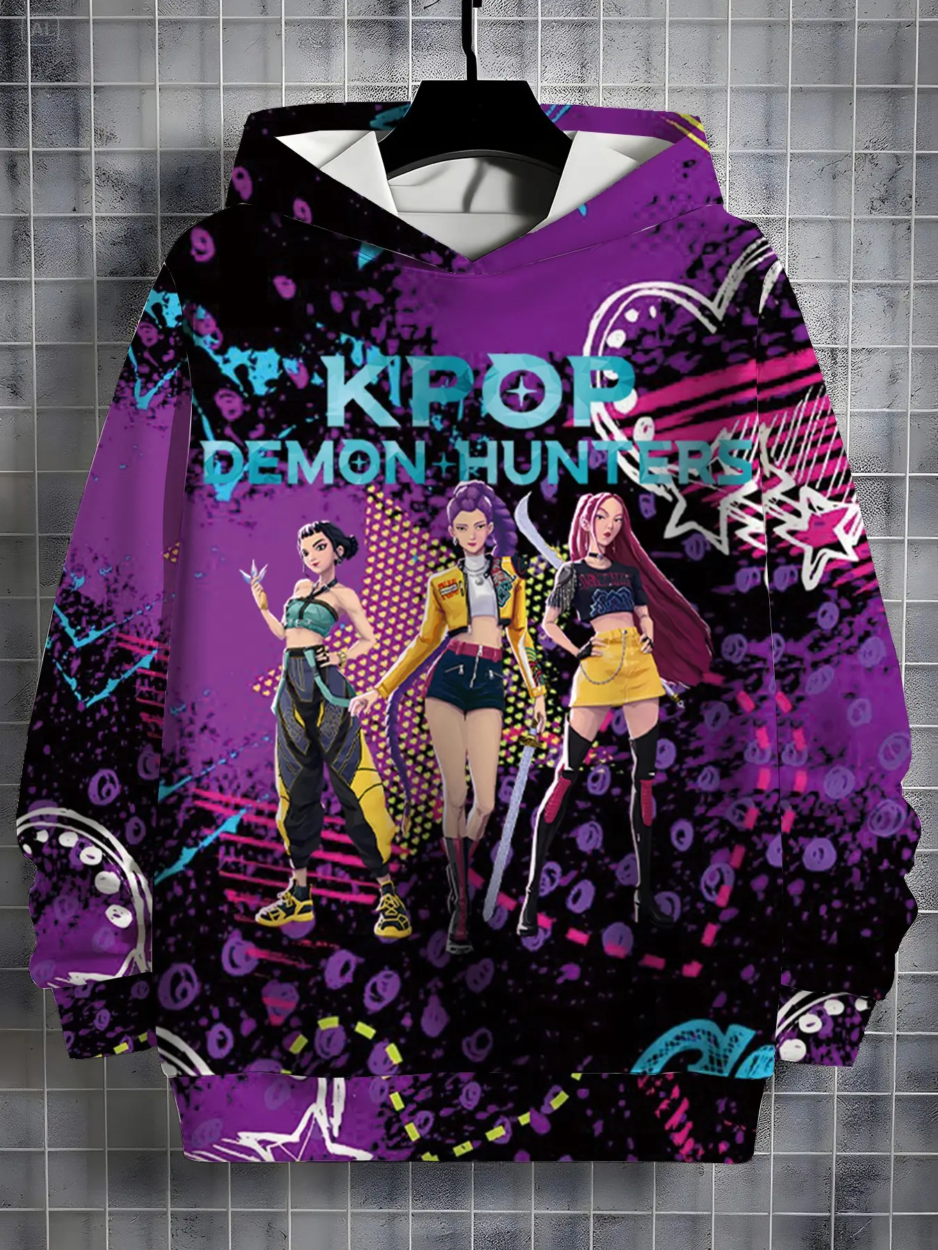 Street Graffiti Casual Print Hoodie for Girls, Heart Star Hand Drawn Lines, Casual Loose Fit, Fall Winter, Ages 4-14, Kpop Fan Gift