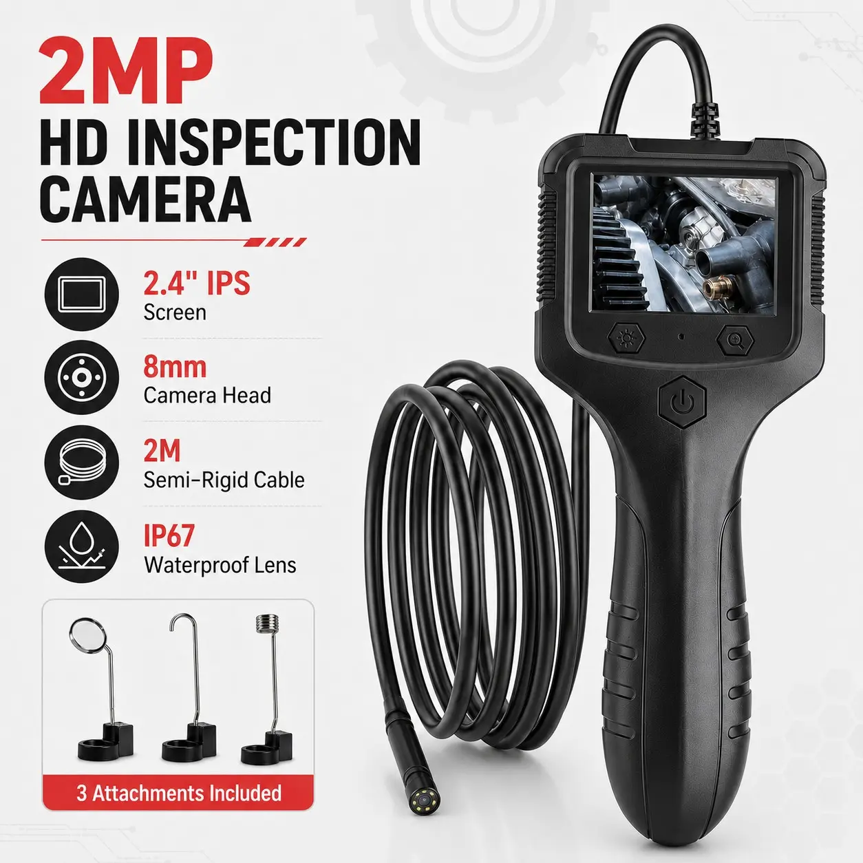 2mp Borescope Inspection Camera, 2.4-Inch IPS Screen, 8mm Probe, 2m Semi-Rigid Cable, 8 LED Lights, Ip67 Waterproof, Diagnostic Tool, Auto Repair, Plumbing, Hvac