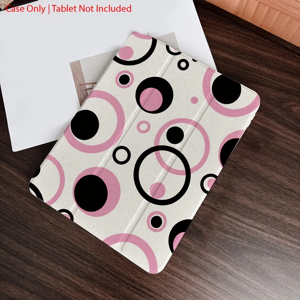 Pink and black ring-patterned, foldable, non-slip TPU protective case featuring an adjustable stand and stylus holder; compatible with Samsung, iPad mini, iPad Air, iPad Pro, and iPad (10th/11th Gen) series.