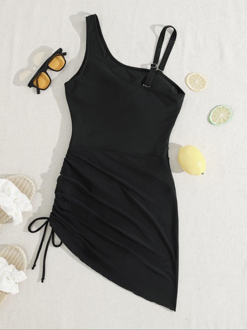 Women's Solid Color Mesh Insert One-piece Swimsuit, Casual Sleeveless Swimwear for Beach Holiday Vacation, Ladies Swimsuit for All Seasons, Mesh Swimsuits