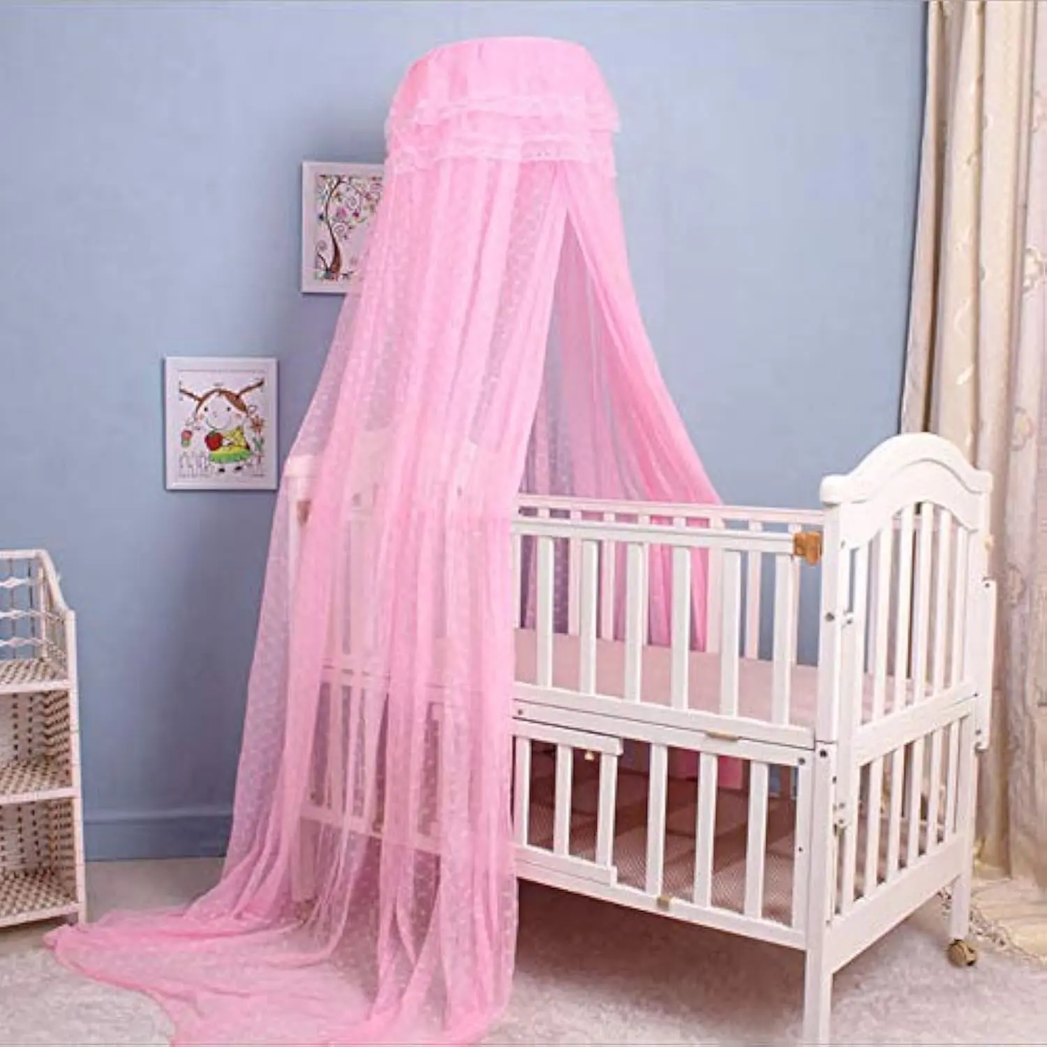 Baby Infant Toddler Bed Dome Cots Netting Bed Net Bar Frame Palace-Style Crib Bedding Set (Pink Netting Only, Stand)